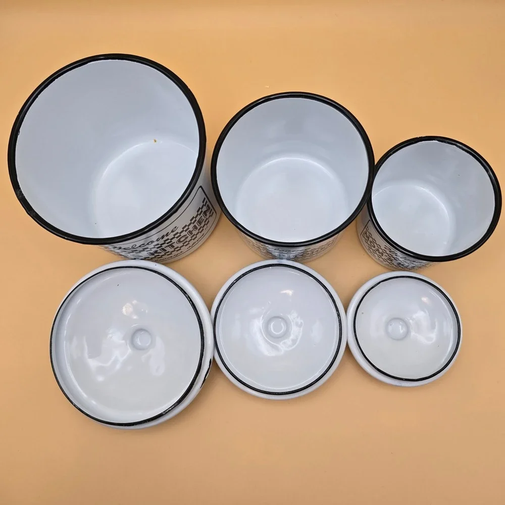 Vintage Mom's Kitchen Enamel Canister Set White Black Checkered 3 Piece Rustic